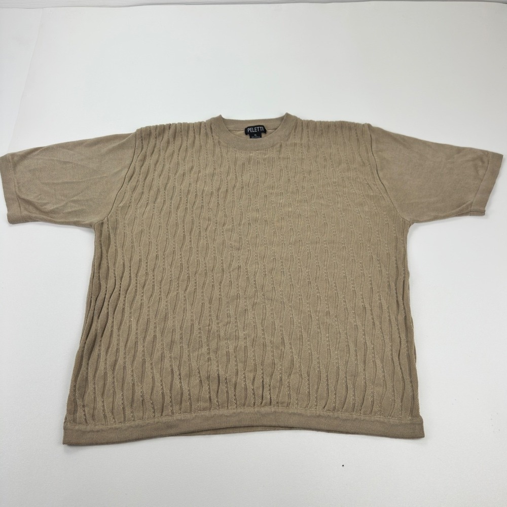 Peletti Mens XL Short Sleeve Knit Sweater Tan Beige Wavy Textured Crew Neck Top
